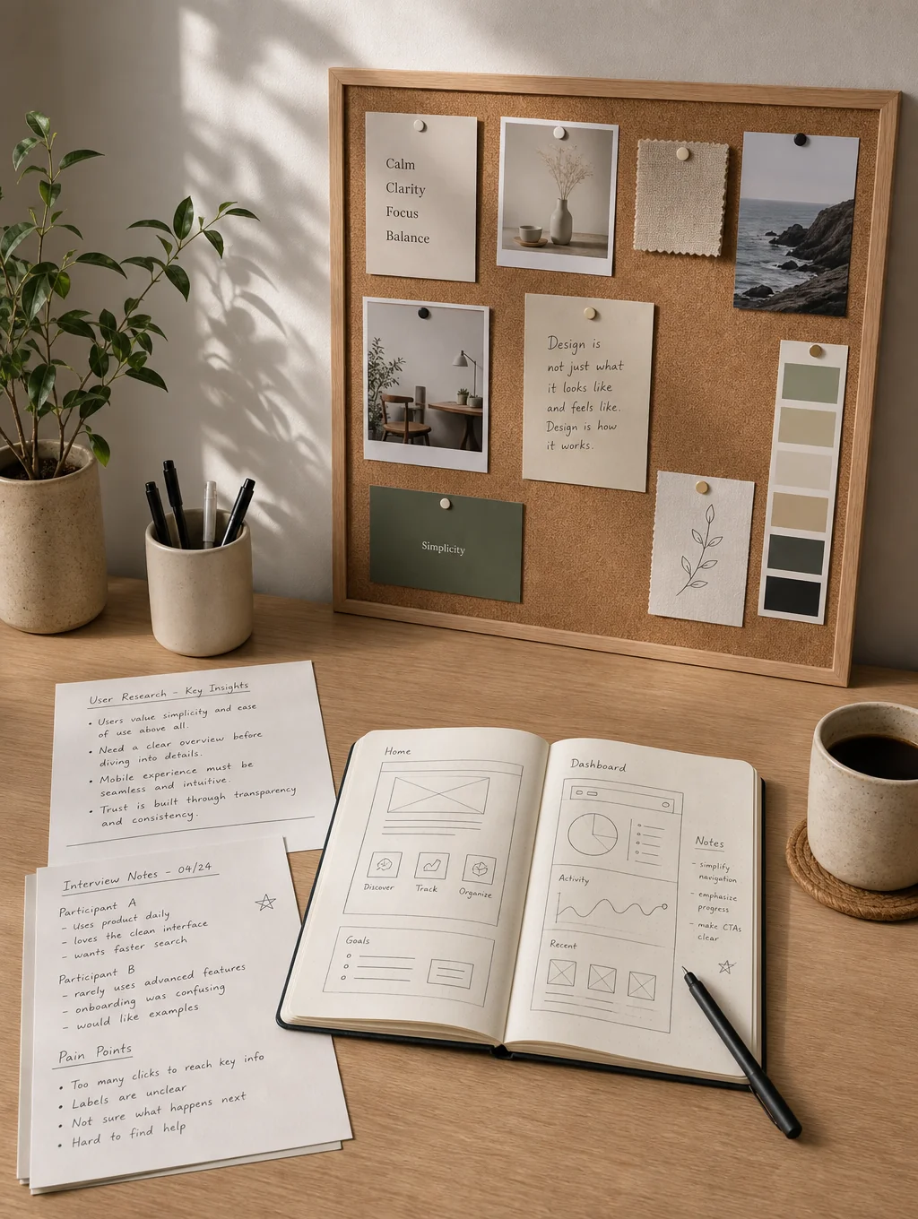 Minimalist brand identity design sketches and color palettes