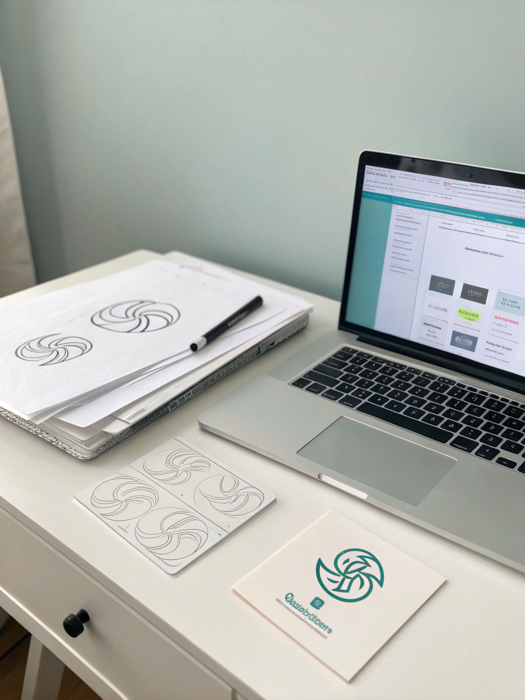 Hand-drawn brand identity sketches on a clean desk