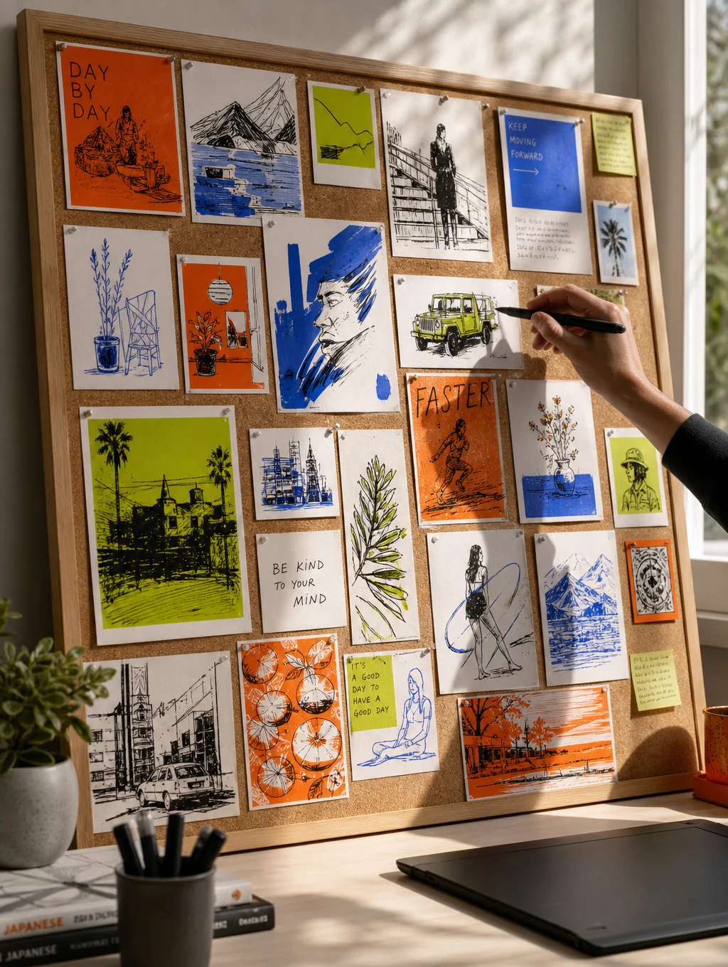 Creative content planning session with mood boards and notes